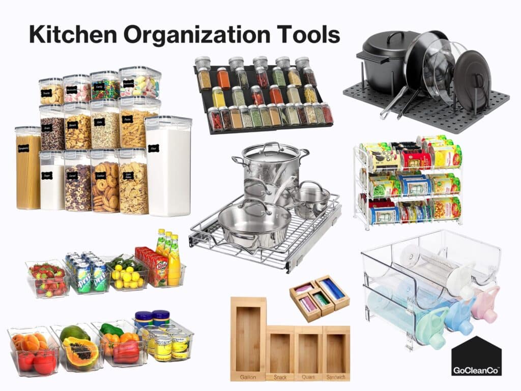 kitchen organization tools - House Work Kitchen organization tools including spice jars, food storage containers, water bottle holders and bins.