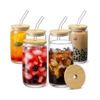 Glass Cups with Bamboo Lids and Glass Straw