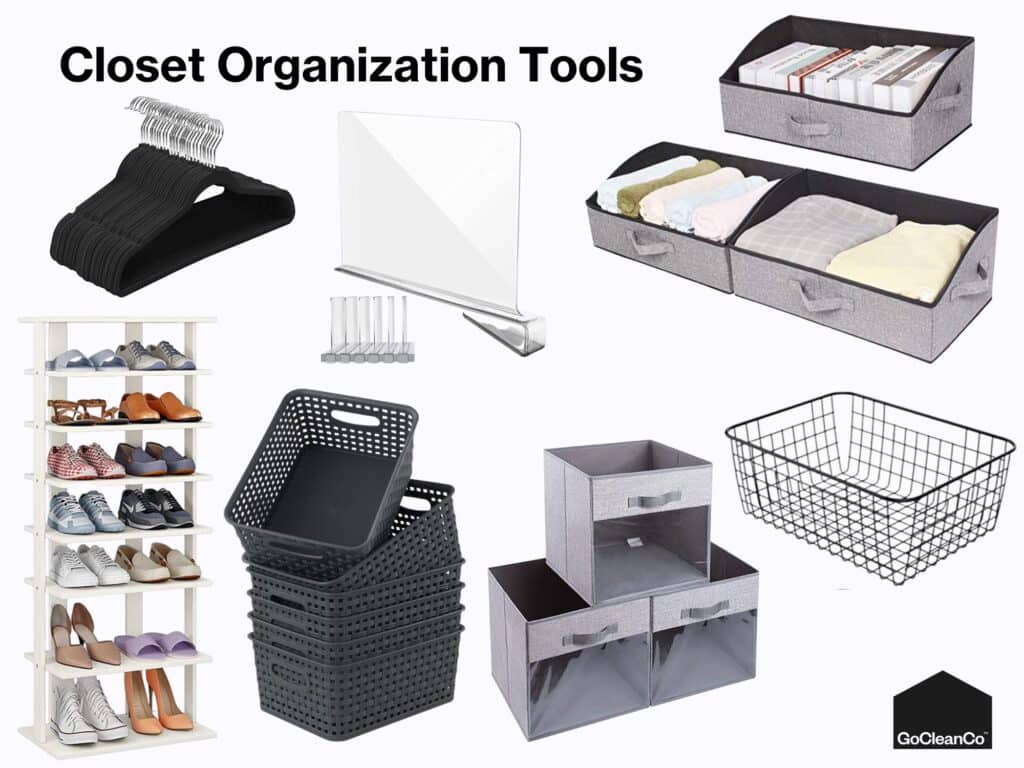 Closet - House Work Closet organization tools including baskets, shelves, and dividers.