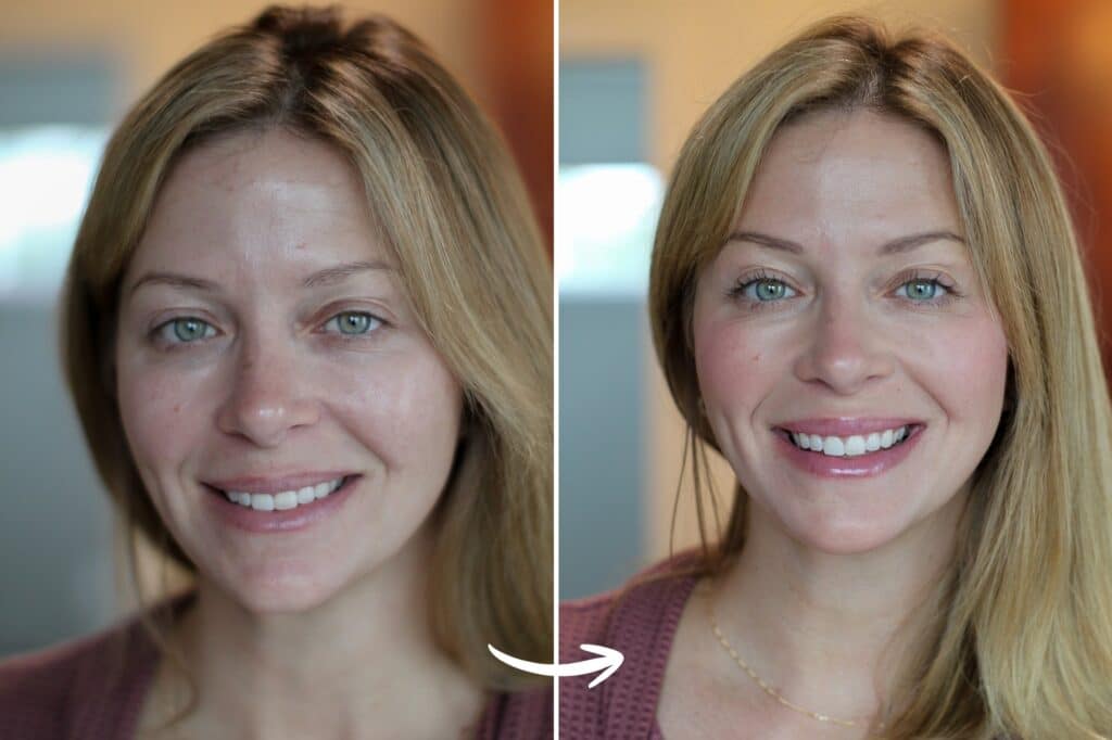 GRWM BA - House Work A before-and-after image showing Sarah from GoCleanCo's face with a natural, no-makeup look on the left, and a finished simple, dewy makeup look on the right.