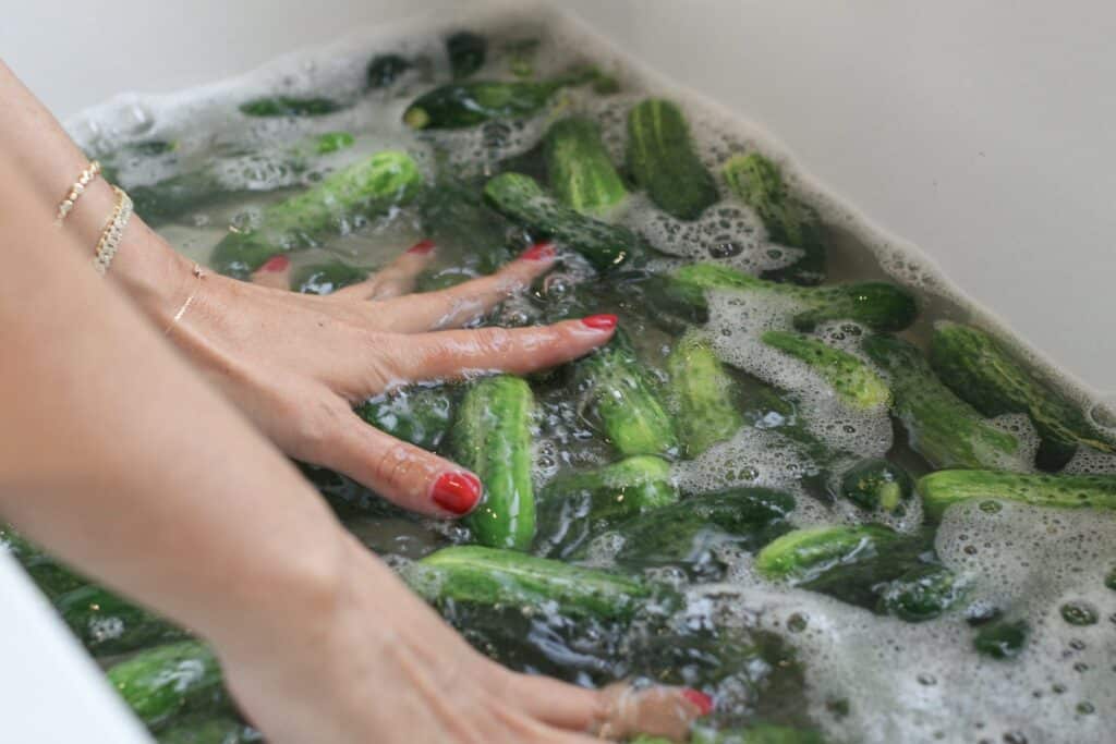 Photo 2025-09-08 1 16 17 PM - House Work Sarah from GoCleanCo washes small cucumbers in a large white sink.