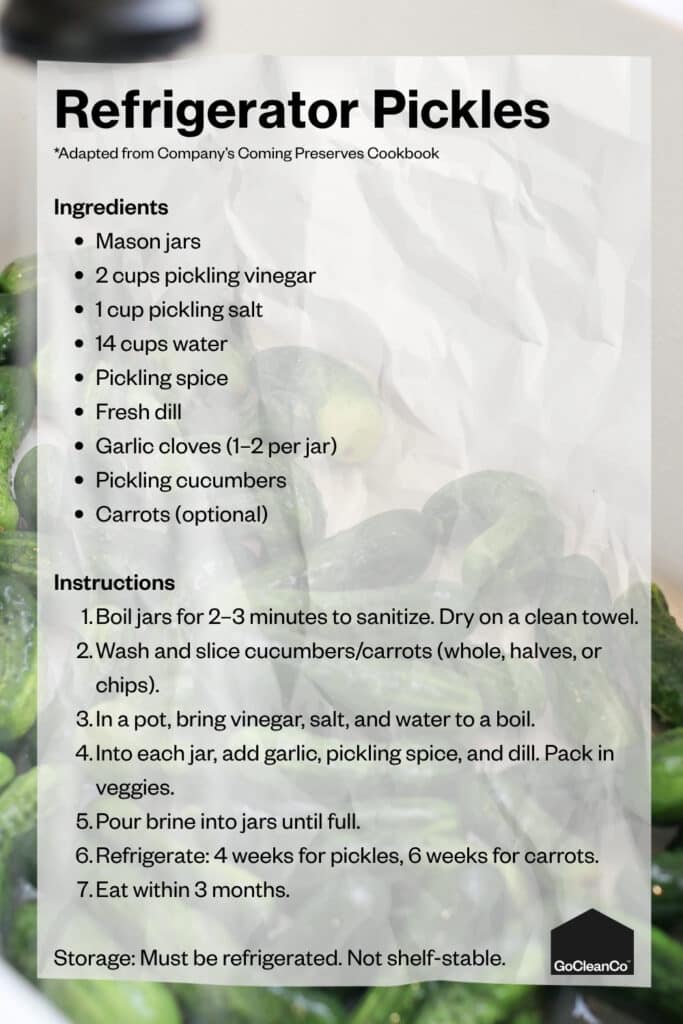 Pickles Recipe - Pin 1 - House Work A recipe for refrigerator pickles is written with a background of cucumbers