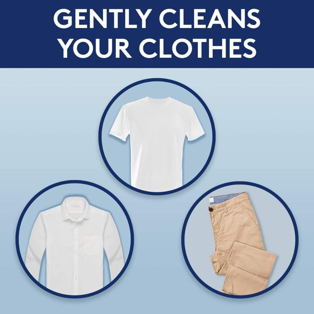 Header reads 'GENTLY CLEANS YOUR CLOTHES' with three circular icons showing a white T‑shirt, a white button‑down shirt, and beige pants.