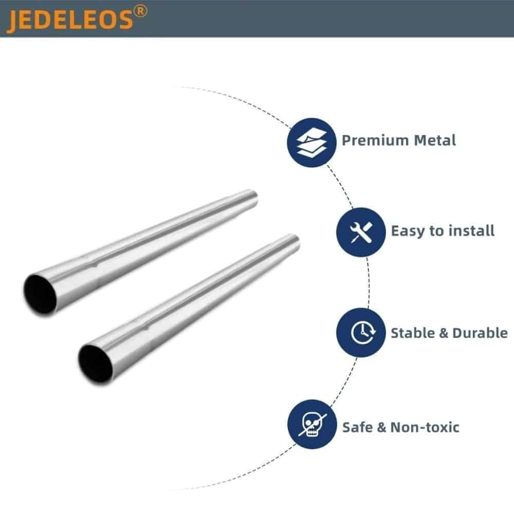 Two silver metal tubes on the left with four blue circular feature icons on the right labeled: Premium Metal, Easy to install, Stable & Durable, Safe & Non-toxic.