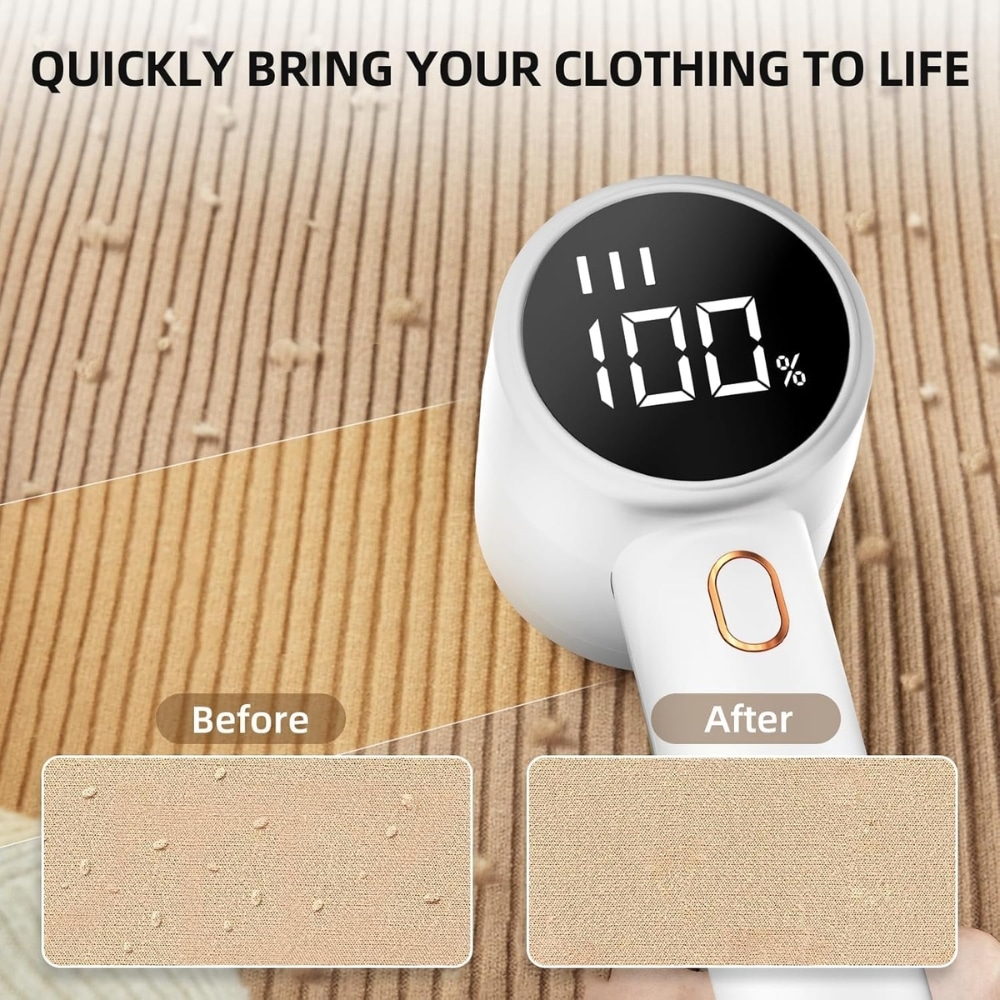 White handheld fabric care device with a circular black display reading 100%; 'Before' and 'After' fabric texture panels shown below.