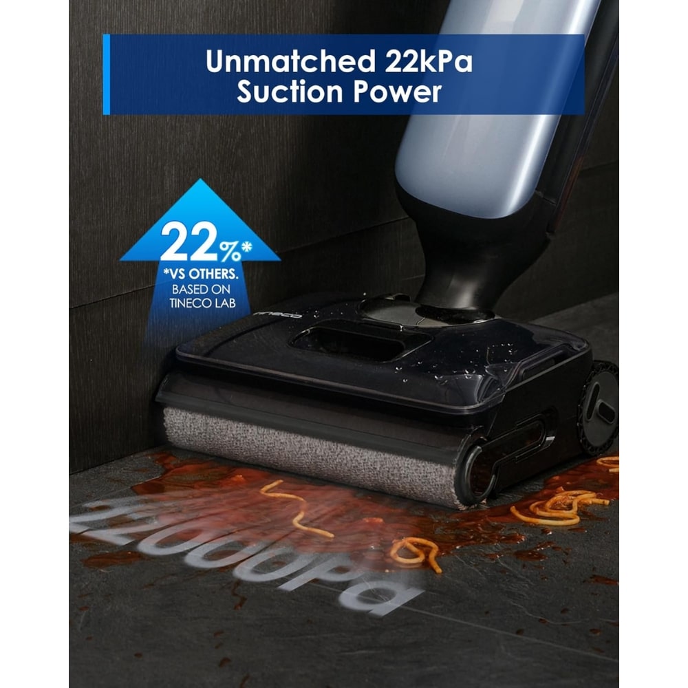 Vacuum cleaner showing a blue banner that says 'Unmatched 22kPa Suction Power' with a 22% badge, highlighting strong suction performance.