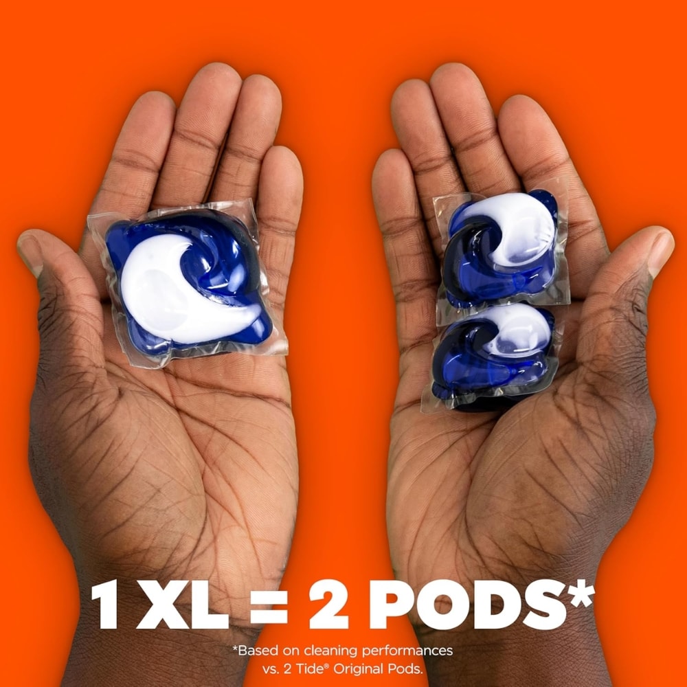 Two hands hold two blue-and-white condom wrappers on an orange background, with bold text '1 XL = 2 PODS' in the foreground.