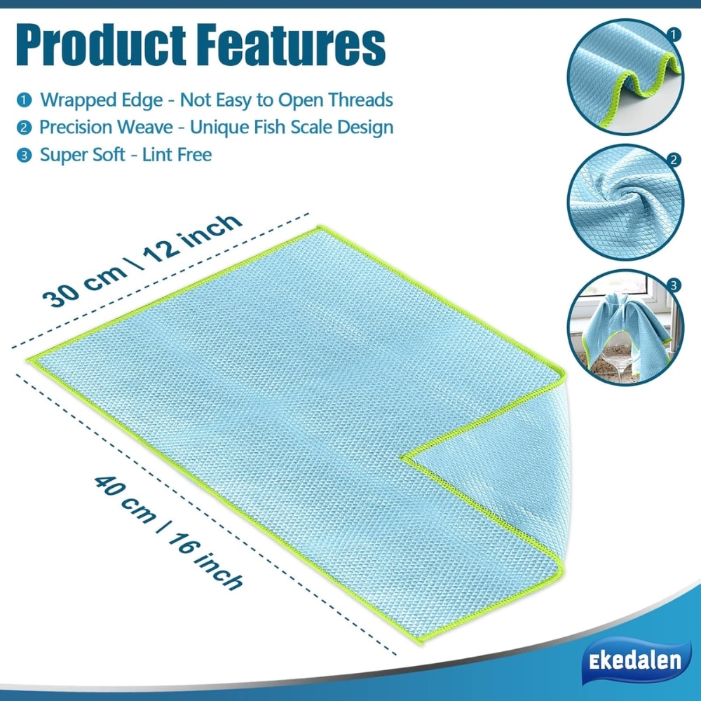 Blue microfiber drying mat with lime edge, 40 cm by 30 cm (16x12 in), shown flat with folded corner. Features: reinforced edge, unique fish-scale weave, lint-free softness.