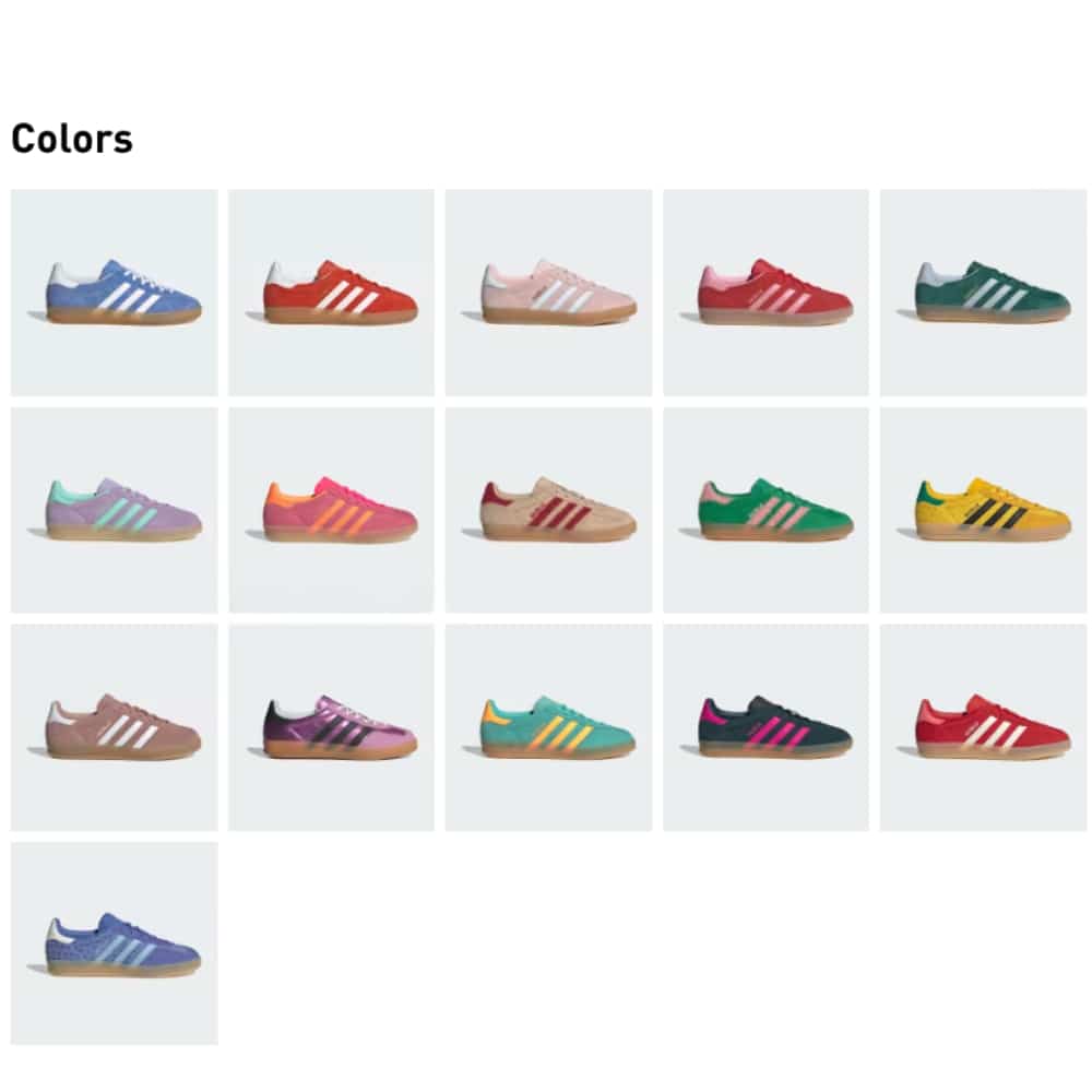 Grid of colorful sneakers in various colorways displayed on pale square tiles (shoe catalog thumbnails). Readable grid labeled 'Colors'.