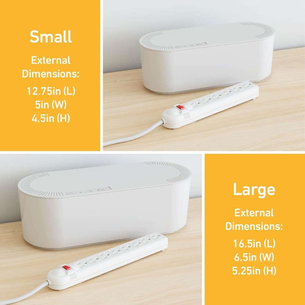 Infographic comparing small external dimensions (12.75 in L × 5 in W × 4.5 in H) with a white device and power strip on a desk, yellow panel included.
