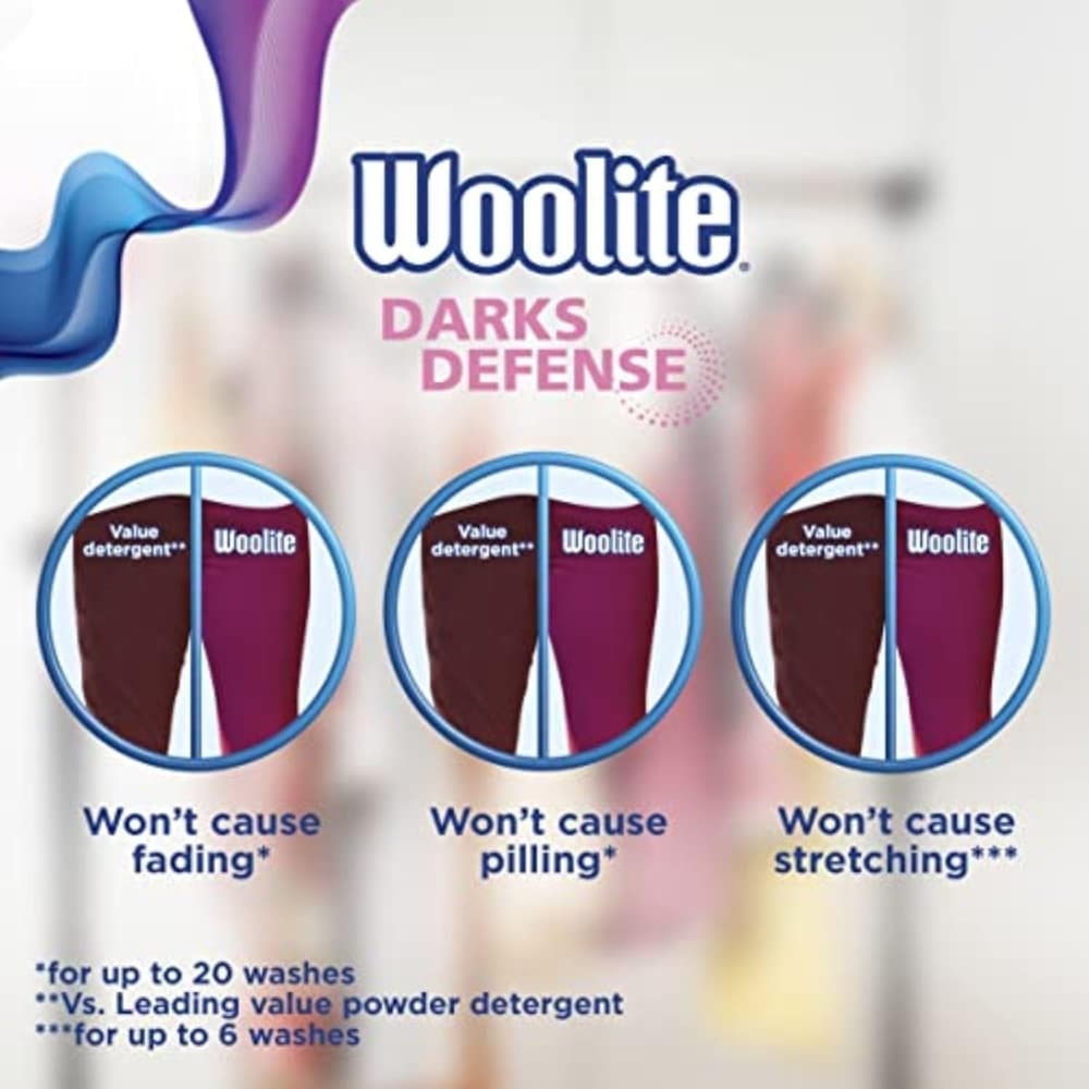 Woodlite Darks Defense detergent ad highlighting three circular comparisons, claiming the detergent won't cause fading, piling, or stretching of fabric.