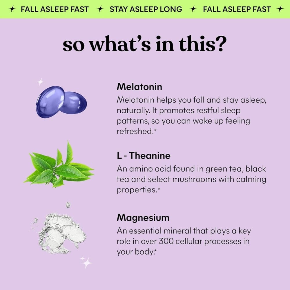 Infographic outlining three sleep-supporting ingredients: Melatonin, L-Theanine, and Magnesium, with brief benefits.