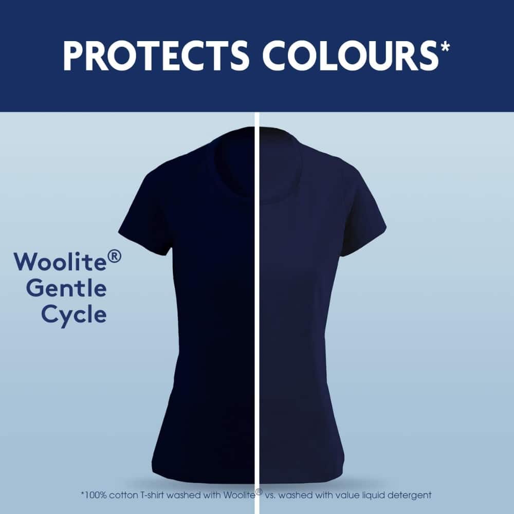 Split-screen navy T‑shirt: left washed with Woolite Gentle Cycle, right washed with standard detergent to show color preservation (advertorial).”,