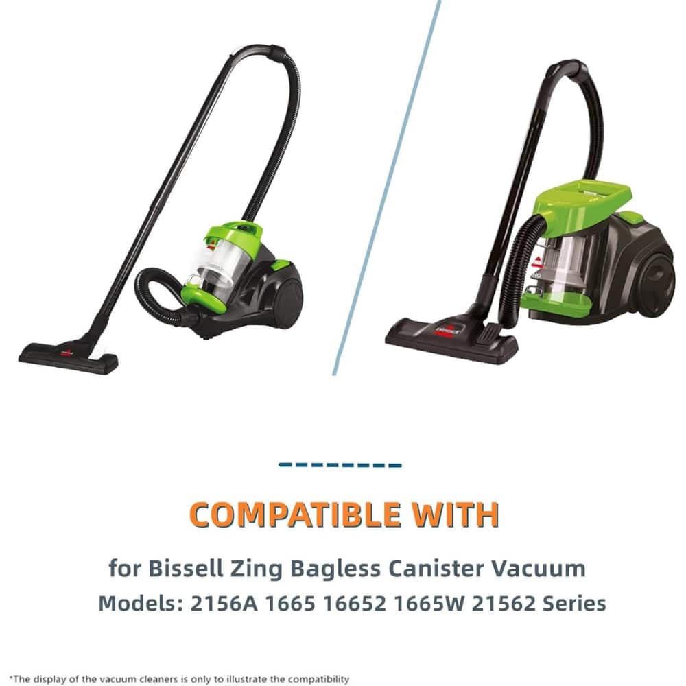 Illustration showing two green-and-black vacuum cleaners with a caption: Compatible with for Bissell Zing bagless canister vacuum models 2156A, 1665, 16652, 1665W, 21562 series.