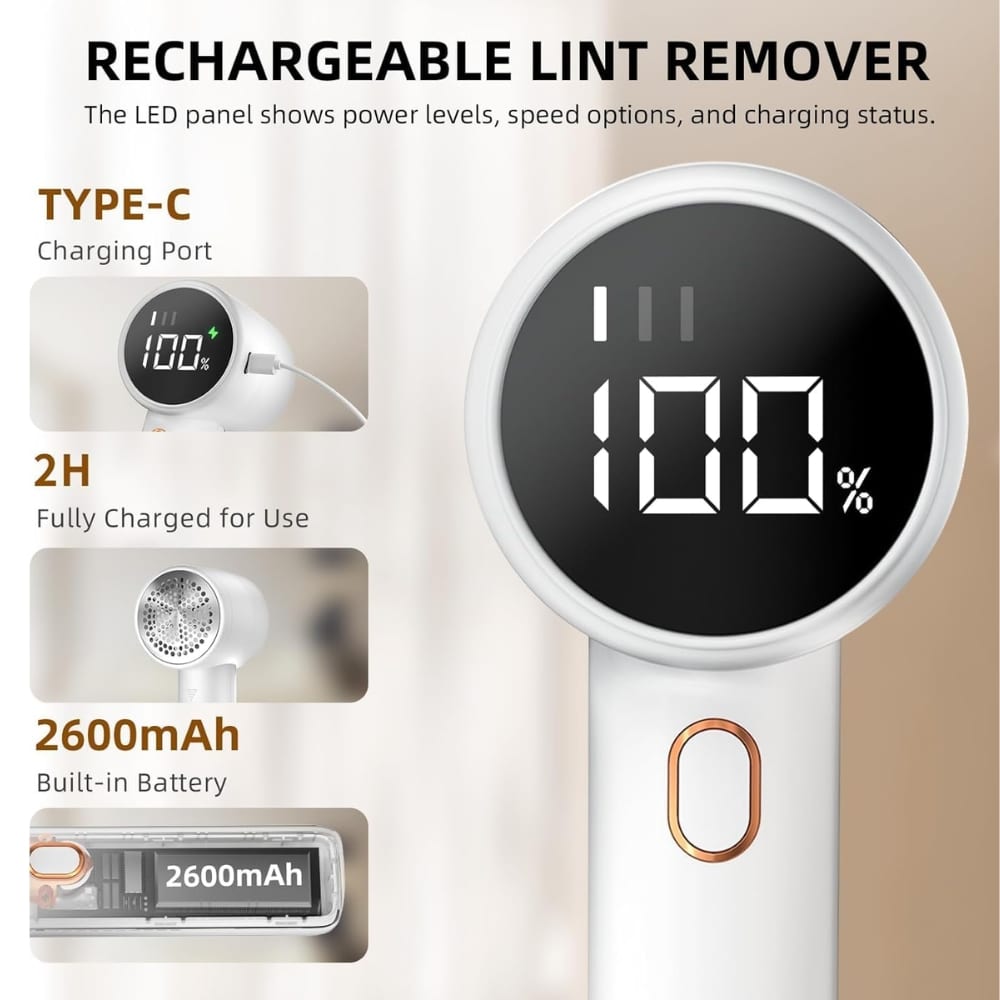 Rechargeable lint remover with a circular LED battery display showing 100% and a Type-C charging port highlight on the left panel.