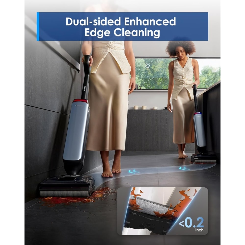 Two people use dual-sided edge-cleaning vacuums on a modern kitchen floor; inset highlights under 0.2 inch clearance for low obstacles.