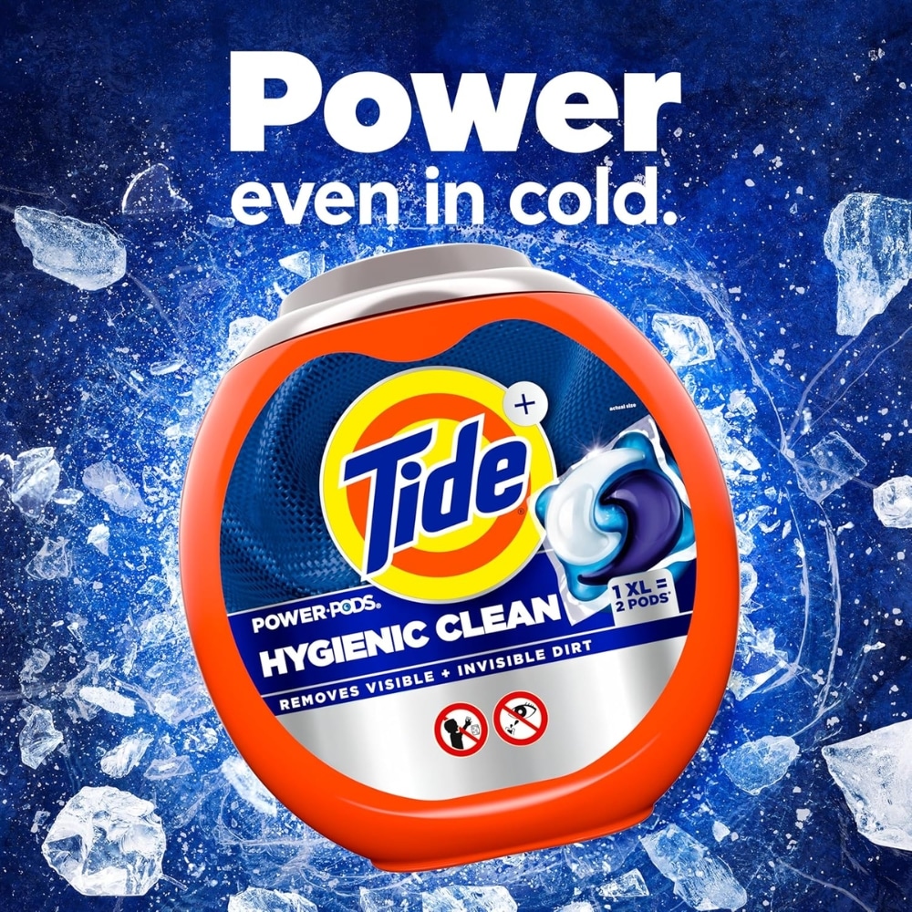 Tide Power Pods detergent bottle with an icy blue background and the slogan 'Power even in cold.'