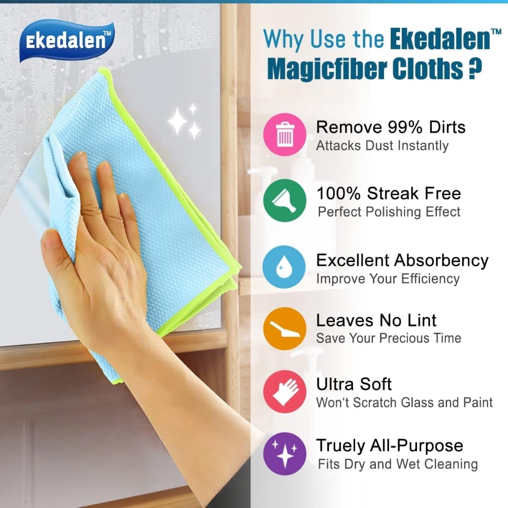 Cleaning cloth advertisement showing hand wiping a glass surface with a blue microfiber cloth; lists benefits: remove 99% of dirt, 100% streak-free, excellent absorbency, leaves no lint, ultra soft, truly all-purpose (Ekadalen Magicfiber Cloths).