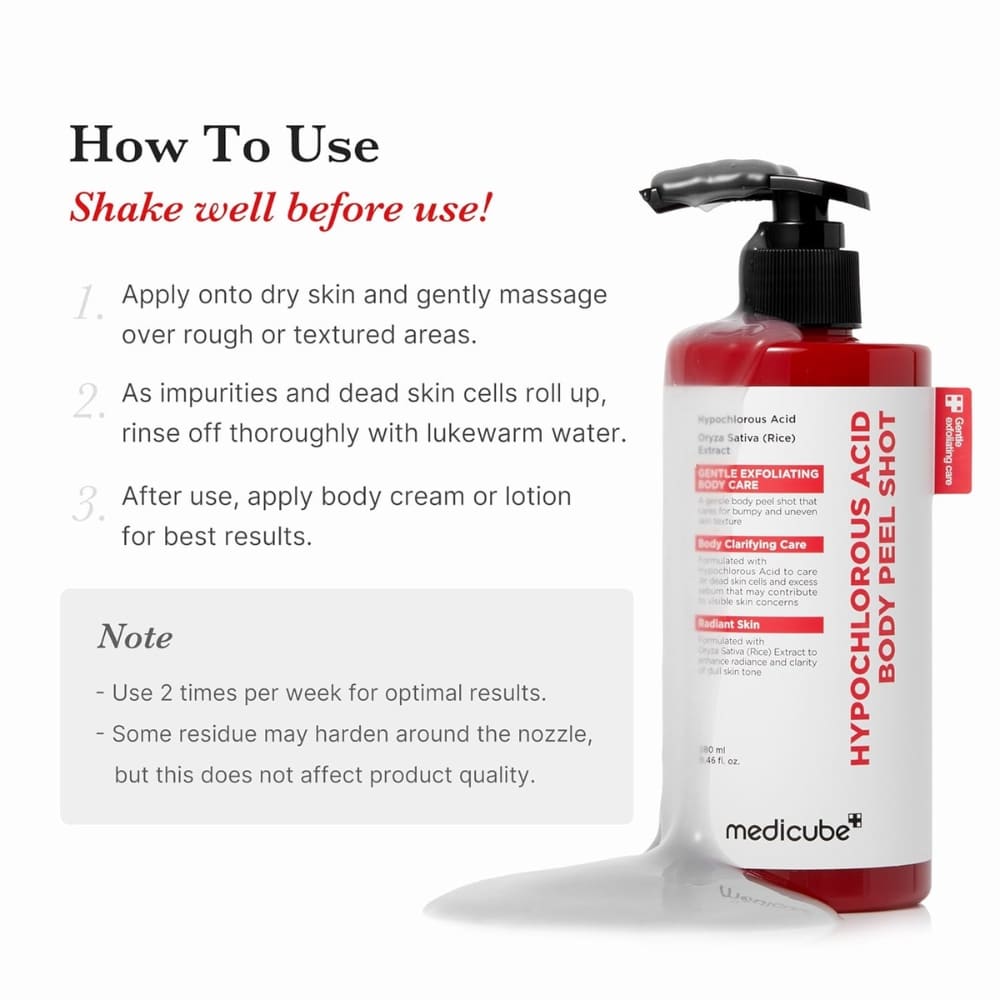 Usage guide for Hypochlorous Acid Body Peel Shot: three steps and note shown beside a red pump bottle, shake well before use.