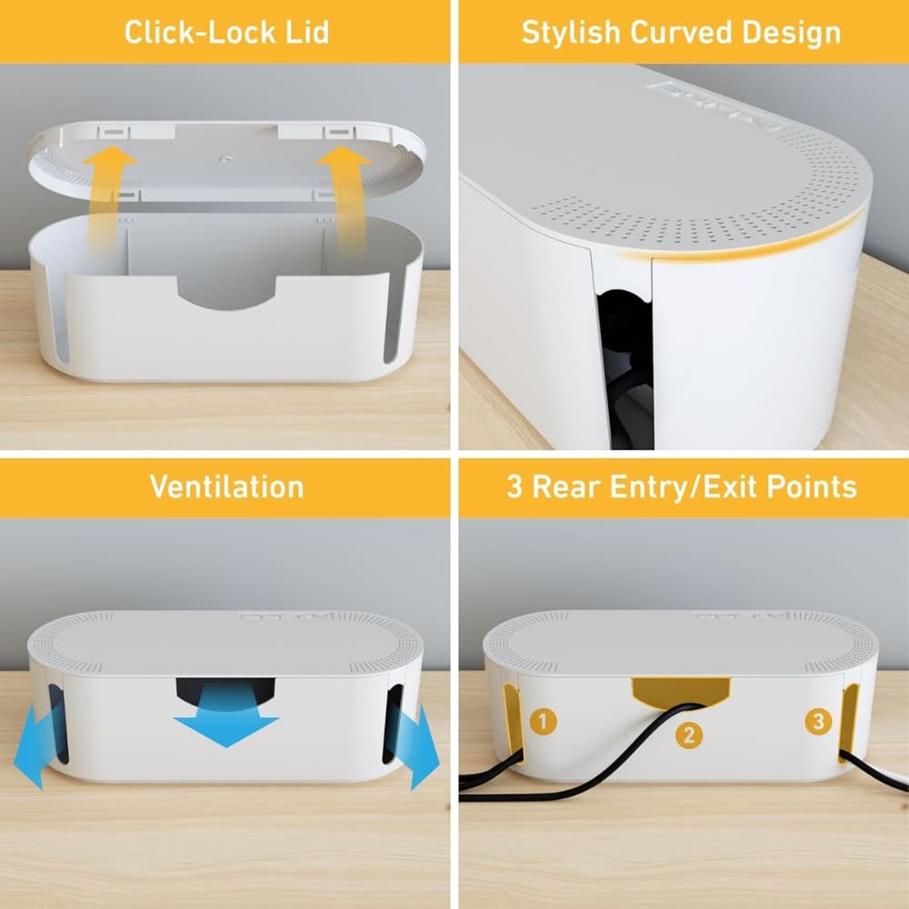Feature collage of a white gadget: click-lock lid, curved design, ventilation, and three rear ports for cables.