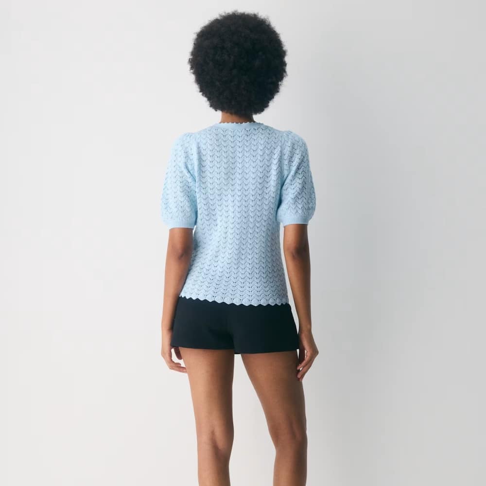 Back view of a person wearing a light blue knit top with puff sleeves and a scalloped hem, paired with black shorts in a studio setting.