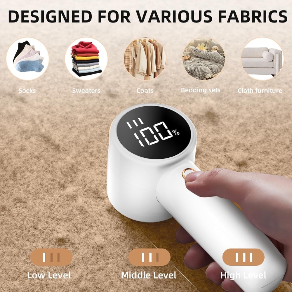 Handheld fabric tester pressed into brown material; digital display shows 120%, with fabric category icons above (Socks, Sweaters, Coats, Bedding, Cloth furniture) and Low/Middle/High level indicators below.