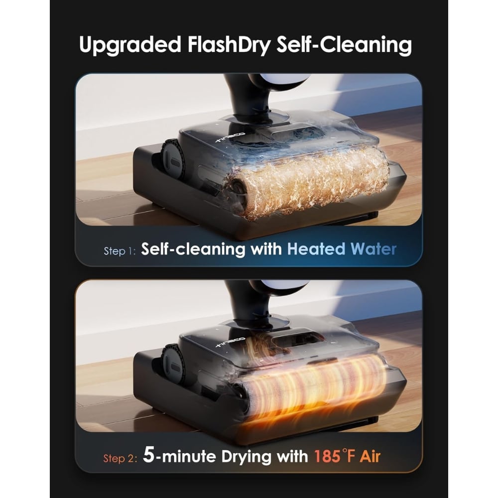 Two-step infographic showing self-cleaning with heated water and 185°F air drying for a cleaning device.