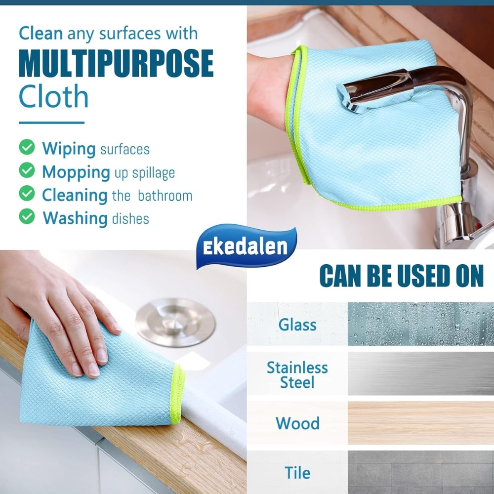 Multipurpose cleaning cloth by Ekedalen for wiping surfaces; usable on glass, stainless steel, wood, and tile (advertisement).