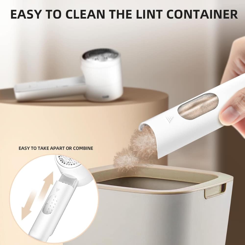 Product image of a lint-cleaning system: a beige container with a detachable roller and a hand pulling a lint refill from a white tube toward a trash bin, showing easy removal.