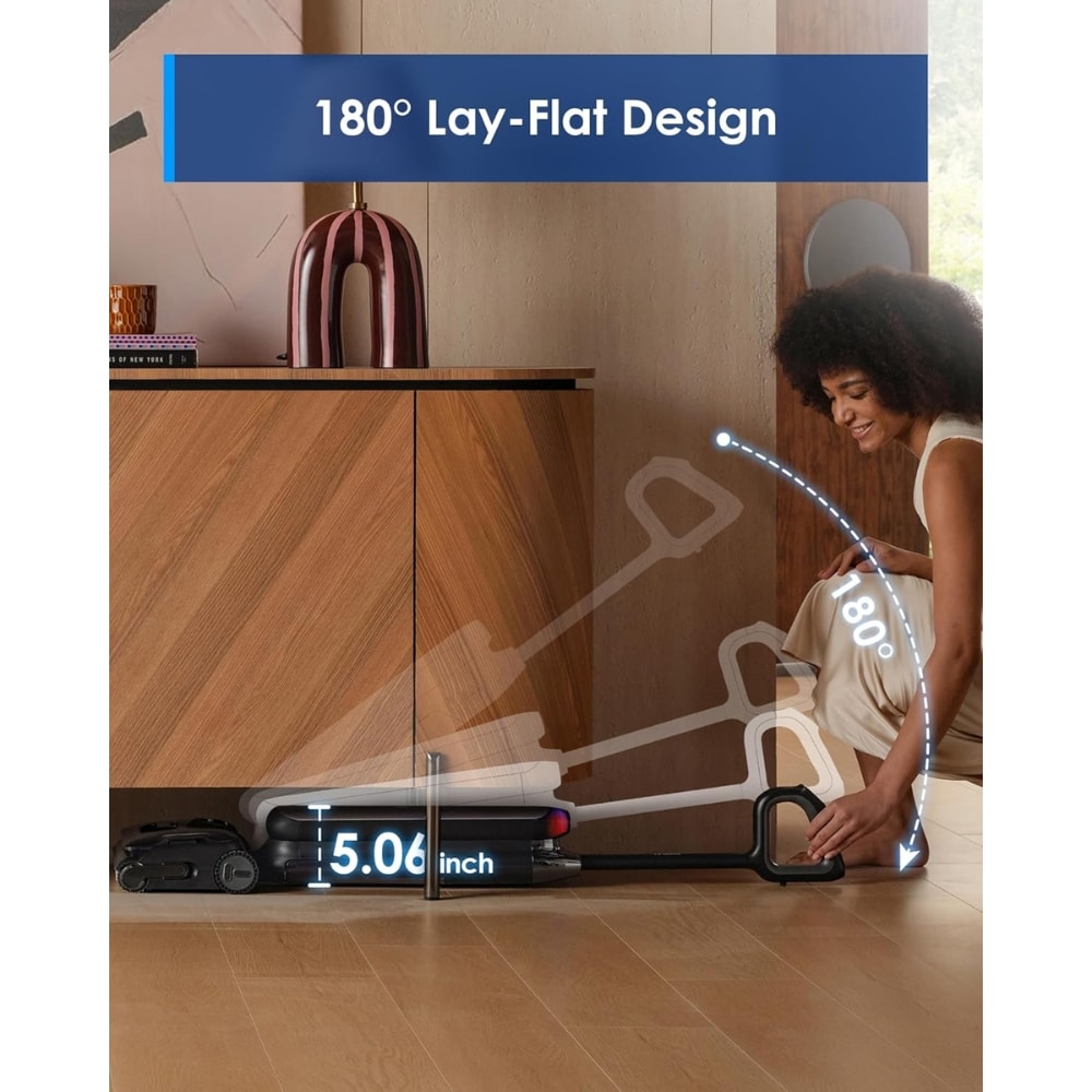 Woman using a cordless floor vacuum, highlighting its 180° lay-flat design with on-screen 5.0‑inch width and 80° reach indicators.