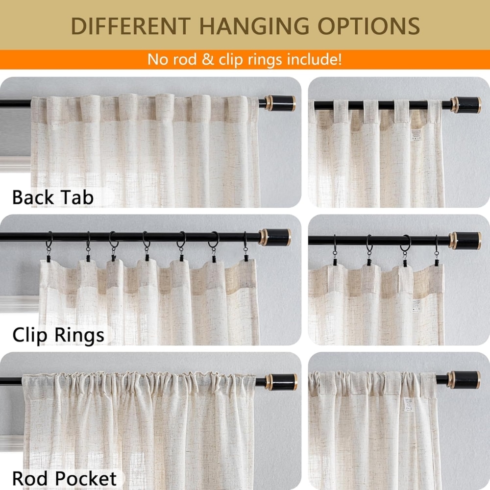 Infographic showing different curtain hanging options: Back Tab, Clip Rings, and Rod Pocket on rods.