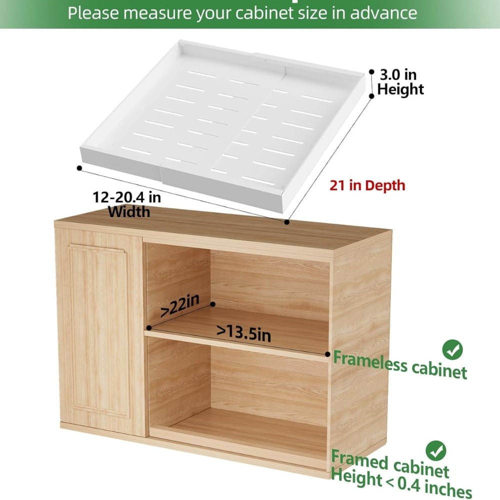 Diagram showing a pull-out drawer with surrounding cabinet, annotated with measurements: drawer depth 21 in, height 3.0 in, cabinet width 12–20.4 in, interior shelves >22 in and >13.5 in, Framed cabinet height