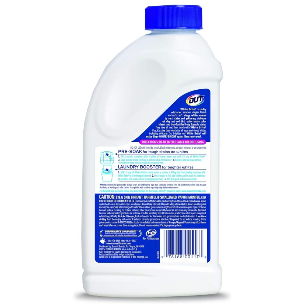 White plastic laundry bleach bottle with a bright blue cap and a blue label on the side, set against a white background.