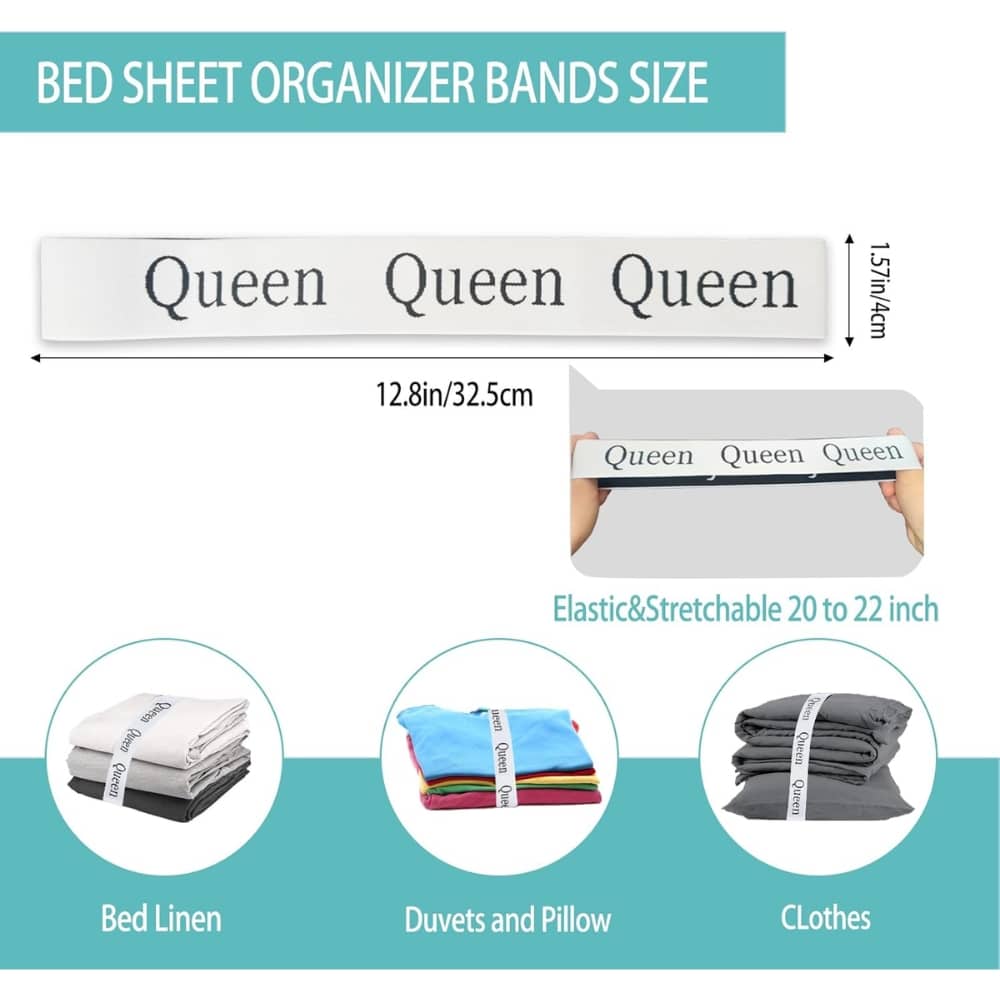 Elastic bed sheet organizer bands shown looping three queen-size sheets labeled 'Queen' for easy matching; fits 20–22 inches (12.8 in long strip).
