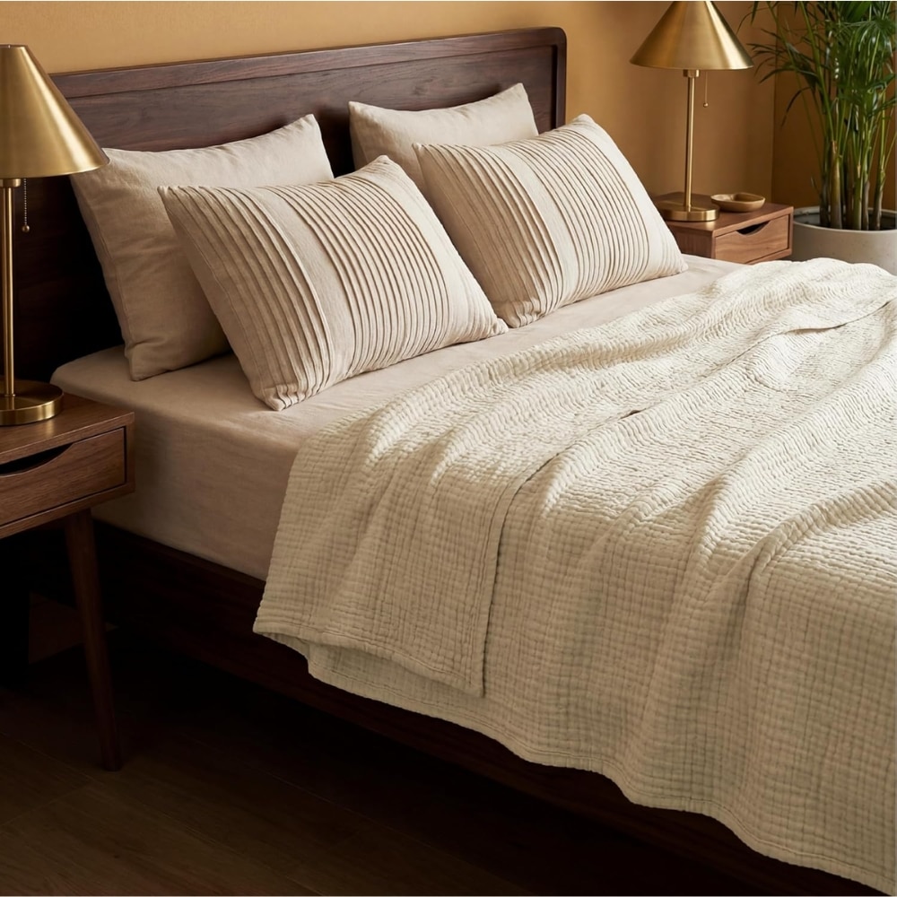 Beige bed with a textured cream quilt, three striped throw pillows, wooden headboard, and matching nightstands with brass lamps on both sides.