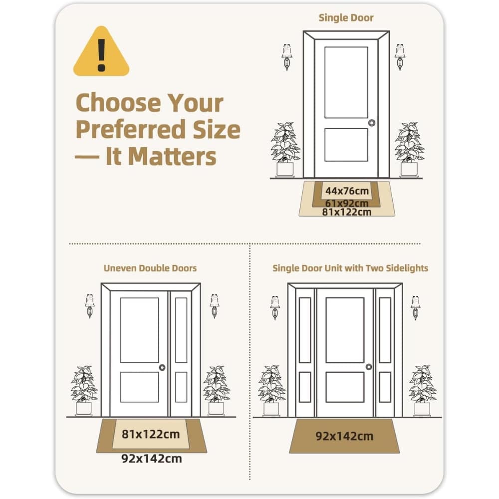 Infographic showing door size options: a single-door diagram with mats labeled 44x76, 61x92, 81x122 cm and smaller text showing the three sizes; decorative plants nearby.