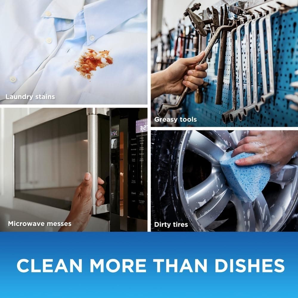 Collage of four scenes—laundry stains, greasy tools, microwave messes, and dirty tires—with a 'Clean More Than Dishes' banner.