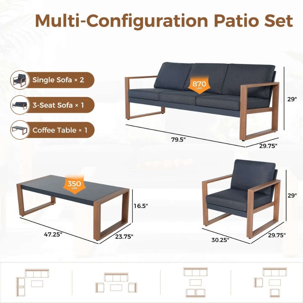Multi-configuration patio set with 2 single sofas, 1 three-seat sofa, and a coffee table; dimensions shown on the diagram.