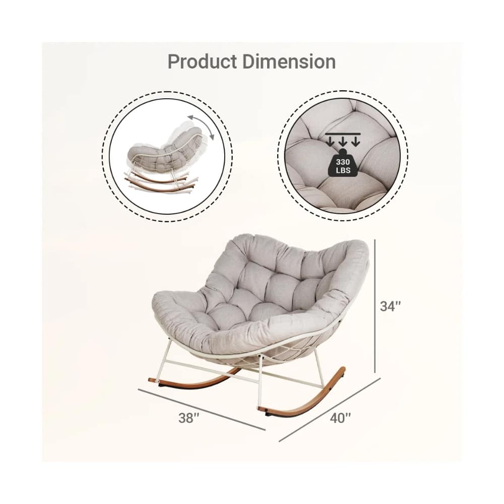 Infographic of a cushioned Papasan chair with dimensions: 34" height, 40" width, 38" depth, plus cushion construction and 330 lb weight capacity.