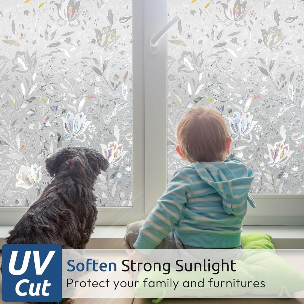 Child and dog sit on a windowsill, looking at a frosted floral-pattern window treatment; UV Cut branding is visible with slogan about softening sunlight and protecting family and furnishings.