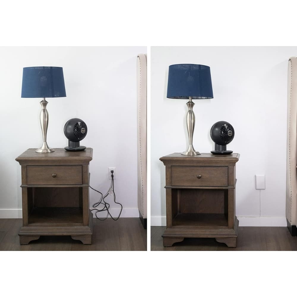 Two side-by-side photos of a wooden nightstand with a blue lampshade lamp and a small black fan on top, against a white wall with cords on the floor in the left image and neatly stowed in the right image.