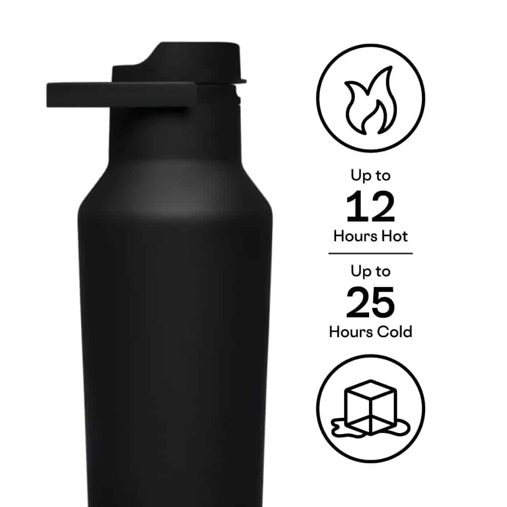 Black insulated water bottle with a pump lid; beside it, icons indicate up to 12 hours hot and up to 25 hours cold.