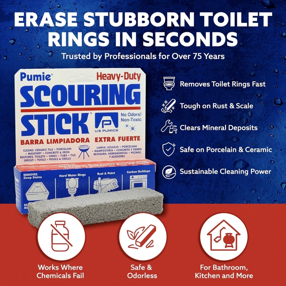 Blue ad for a heavy-duty toilet ring remover called Scouring Stick; features the product box, a sponge, and three icons with captions: 'Works Where Chemicals Fail', 'Safe & Odorless', 'For Bathroom, Kitchen and More'.