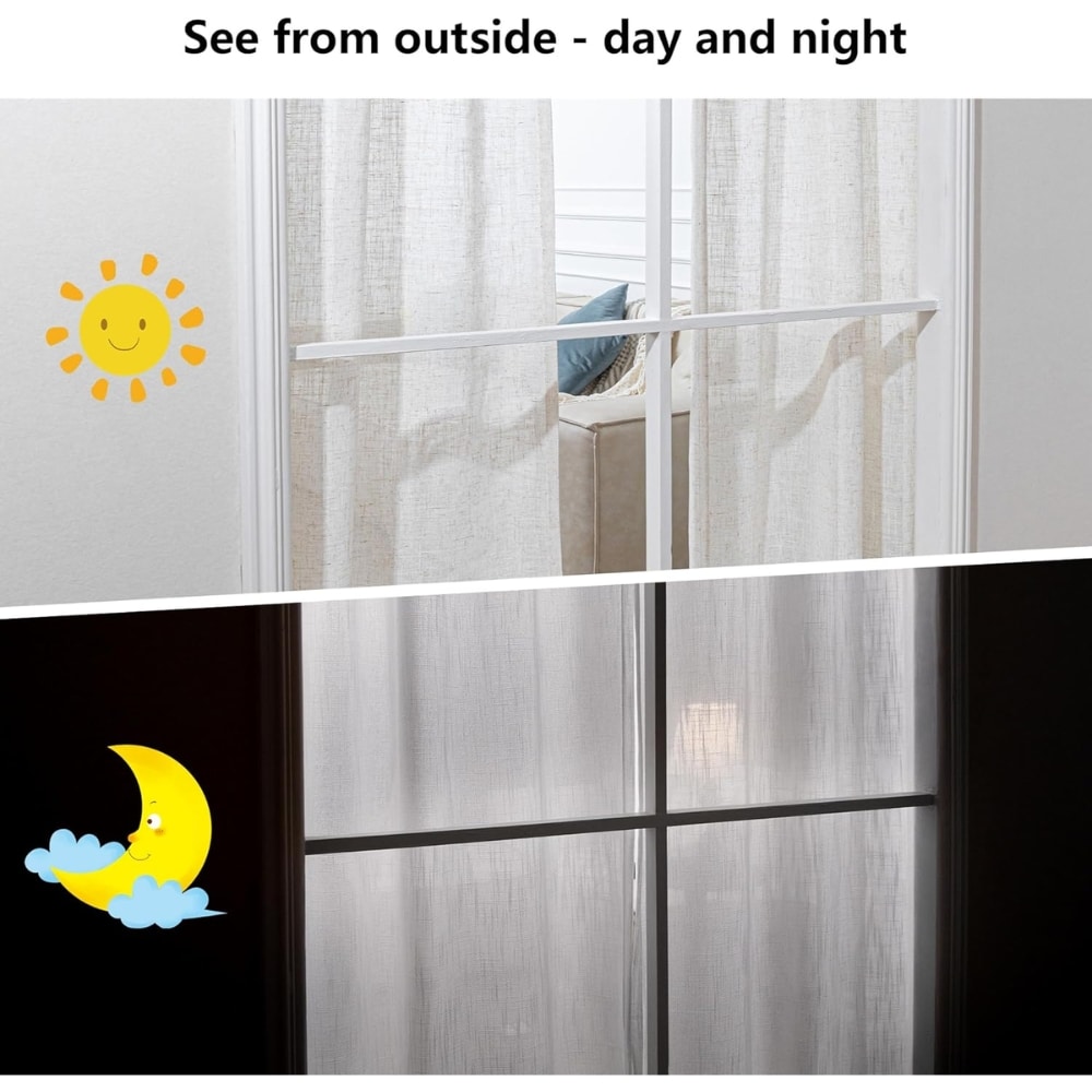 Day and night view through a window with sheer curtains: bright daytime scene at top and dark nighttime scene with a moon and clouds at bottom.