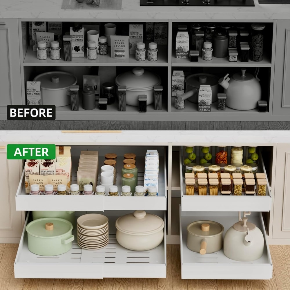Comparison image of a kitchen cabinet: a cluttered, grayscale 'Before' section above and neatly organized, colorful 'After' drawers below with pots, pans, jars, and boxes.