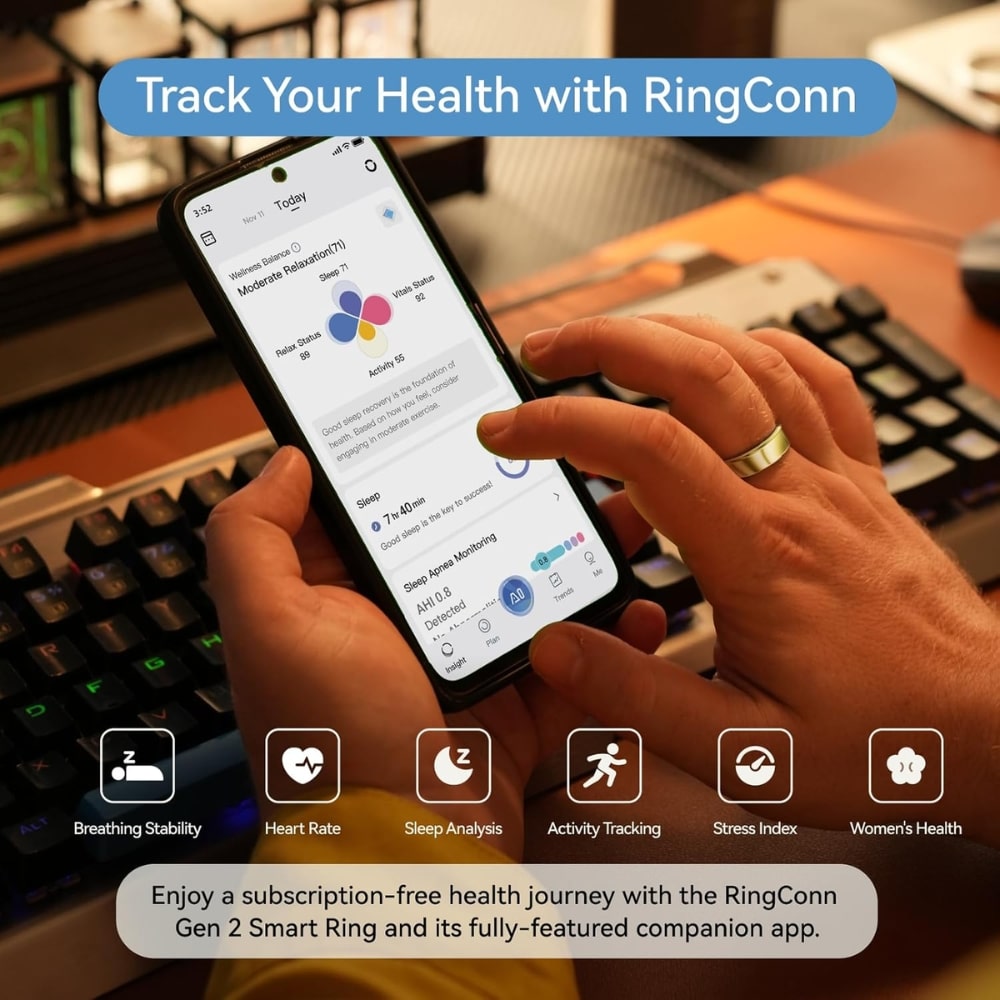 Person holds a smartphone showing the RingConn health app with six feature icons: Breathing Stability, Heart Rate, Sleep Analysis, Activity Tracking, Stress Index, and Women's Health, plus a banner that reads 'Track Your Health with RingConn.'