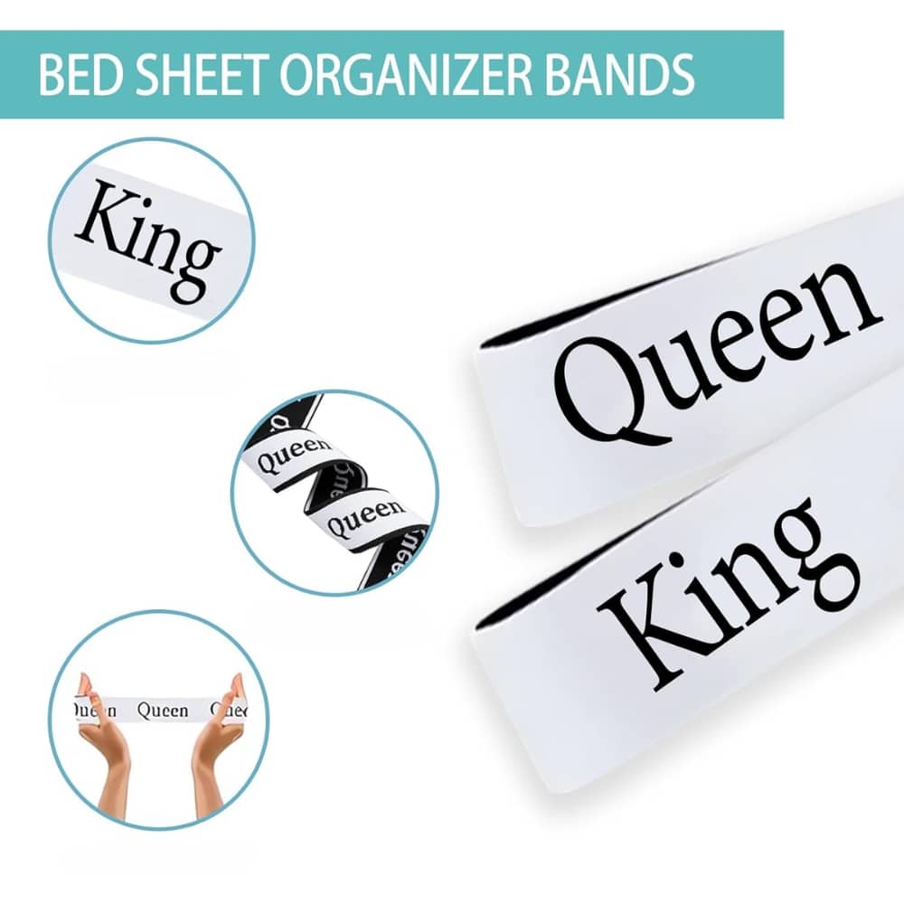 Bed sheet organizer bands advertised, featuring King and Queen labels and circular icons with the product title above
