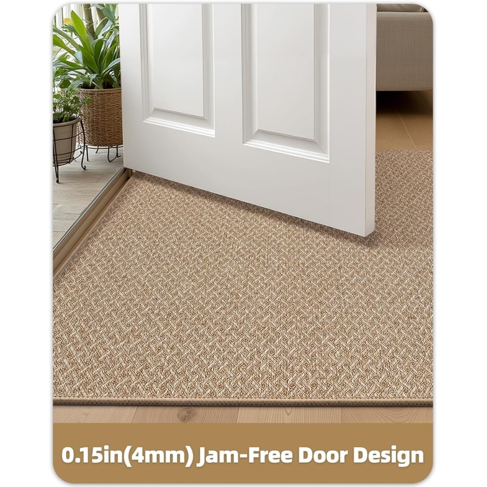 White interior door slightly ajar over a beige textured rug, illustrating a jam-free door design; banner text reads “0.15in(4mm) Jam-Free Door Design.”