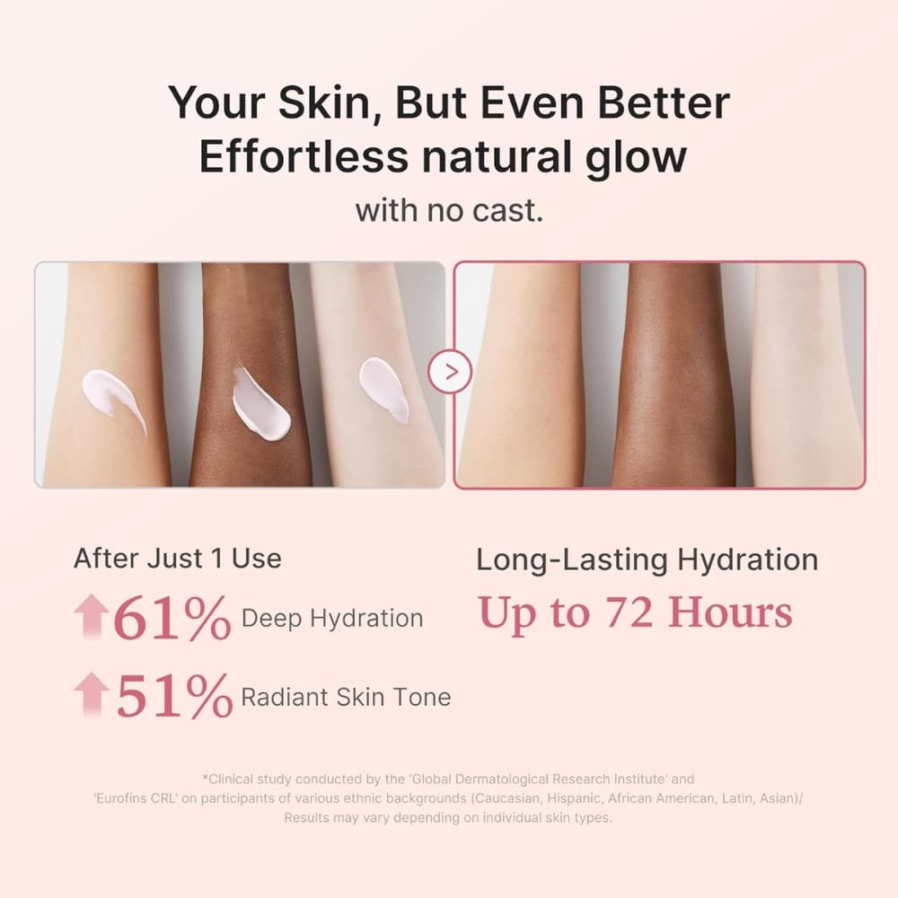 Advertisement showing two forearms with cream swatches—before left and after right—promising natural glow and hydration.
