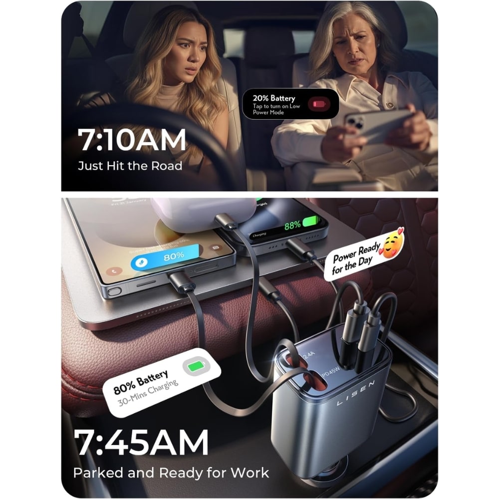 Two women in a car; a phone shows a battery alert as time reads 7:10AM—"Just Hit the Road".